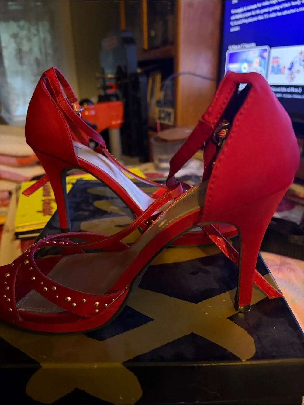 FIONI Clothing Red Studded Open-Toe Stiletto Sandals